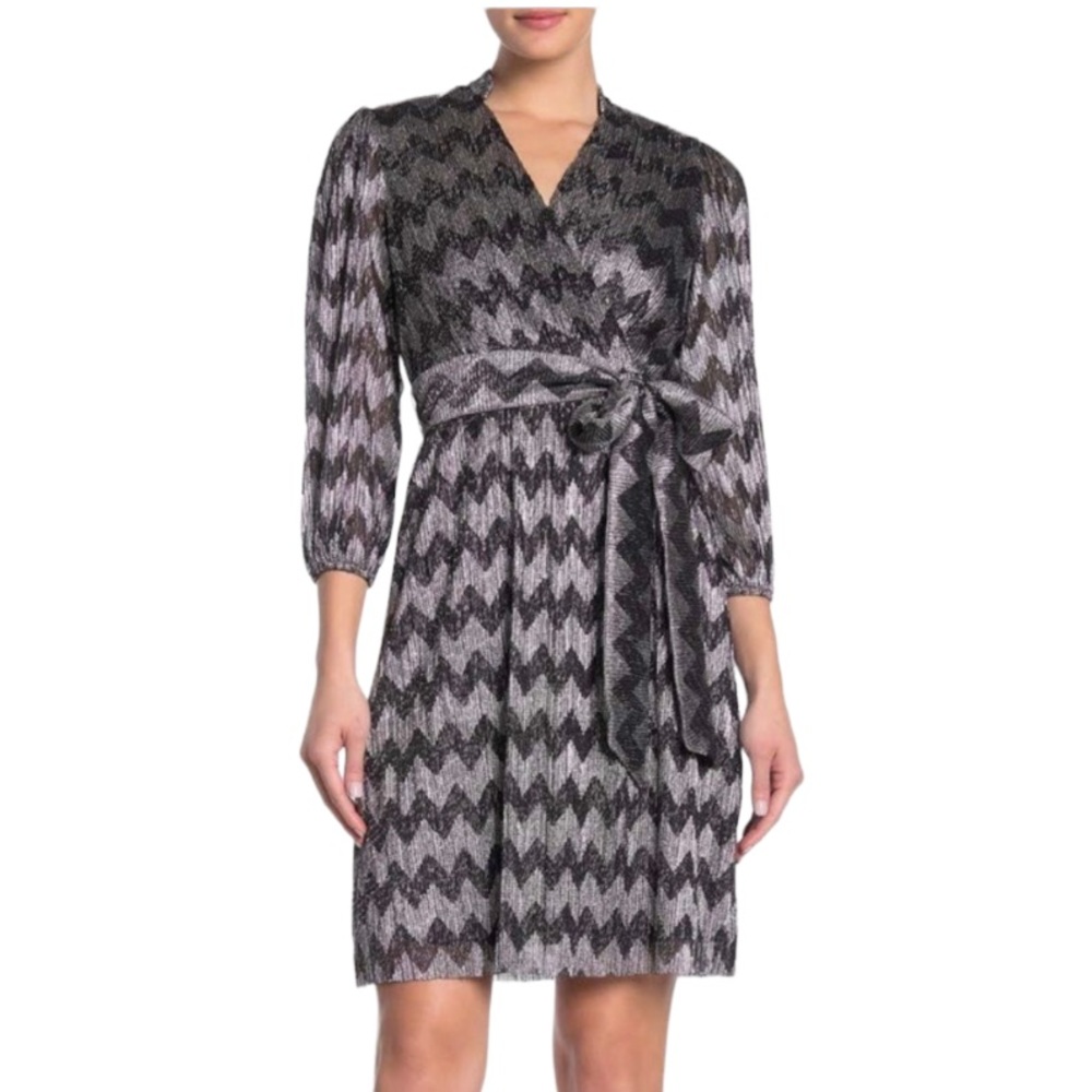 Eliza J Metallic Chevron Faux Wrap Black Silver Dress Size 8